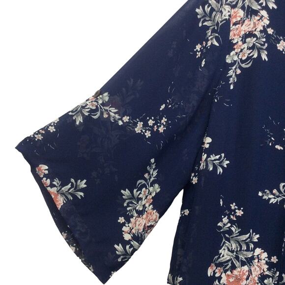 Bloomchic Tunic Women's Plus Size 26 Blue/Pink Floral Boho Sheer Lined Tie Neck - Picture 4 of 11